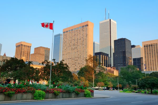Toronto street view at dusk with urban buildings